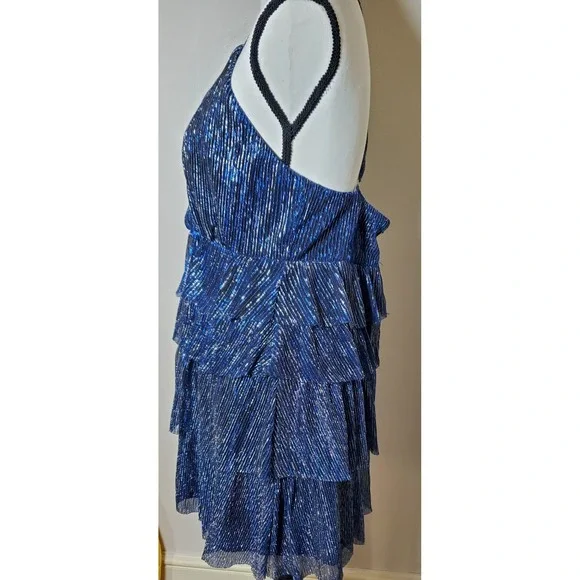 Lulus Blue Silver Metallic Party Mini Dress V Neck Ruffle  Spaghetti Strap large - Picture 5 of 14